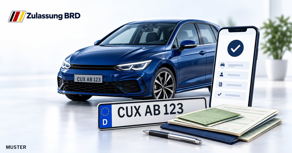Online Fahrzeugzulassung in Hagen im Bremischen: Musterkennzeichen CUX AB 123, Auto und Fahrzeugpapiere und Smartphone. Illustration mit Logo von Zulassung BRD.